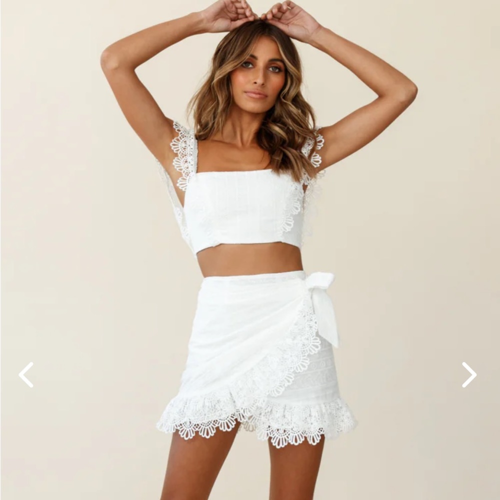 Saints + Secrets - SIZE SMALL white lace detailed crop top and skirt set